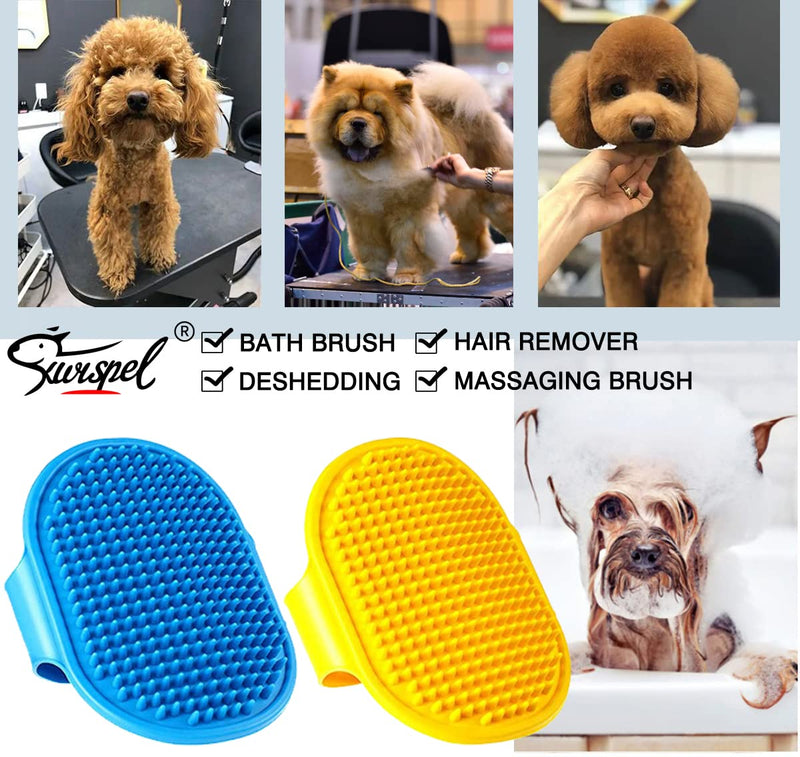 Dog Grooming Brush, Pet Shampoo Bath Brush Dog Grooming Shedding Brush Soothing Massage Rubber Comb with Adjustable Ring Handle for Long Short Haired Dogs and Cats 2pcs Red & Yellow - PawsPlanet Australia