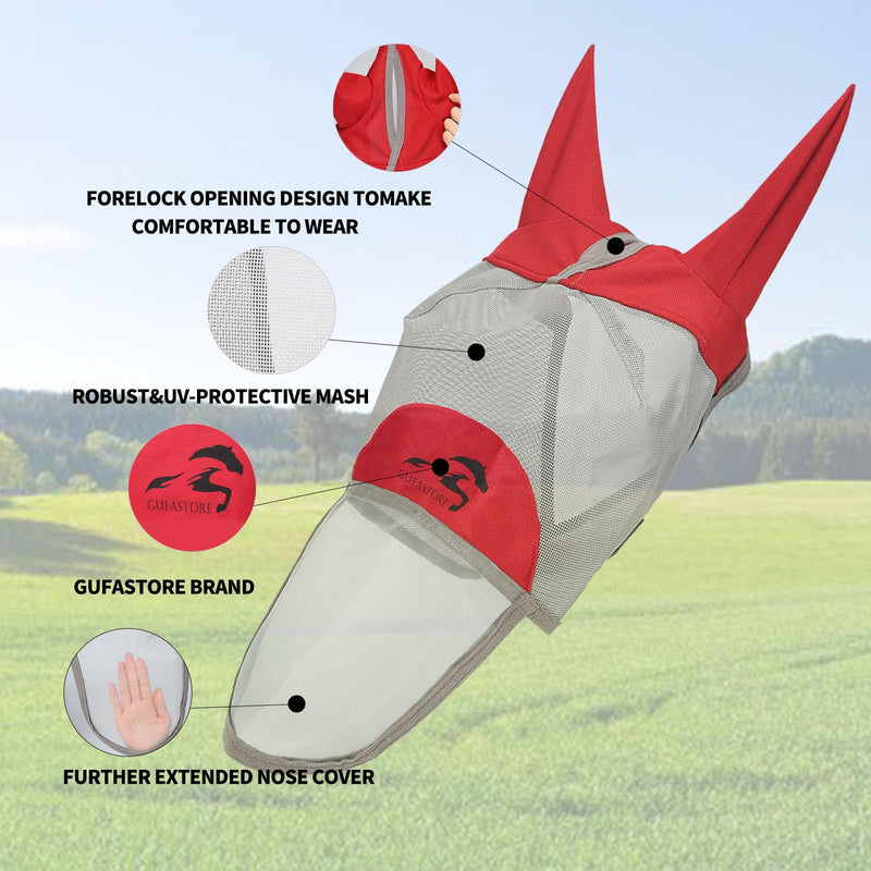 Horse Fly Mask with Long Nose and Ears,Red,Small Size Small Red