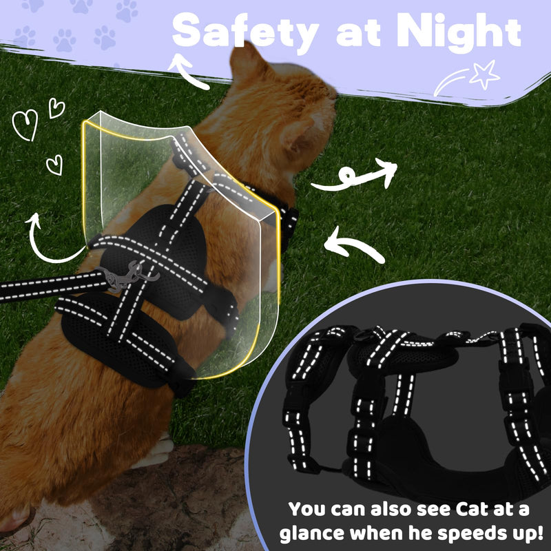 Fully Escape Proof Cat Harness and Leash Set for Walking, Adjustable Soft Kitten Vest with Reflective Strip for Small Medium Large Adult Cats, Breathable Kitty Harness,Black S S(Neck Girth 11in-13.25in) Black - PawsPlanet Australia