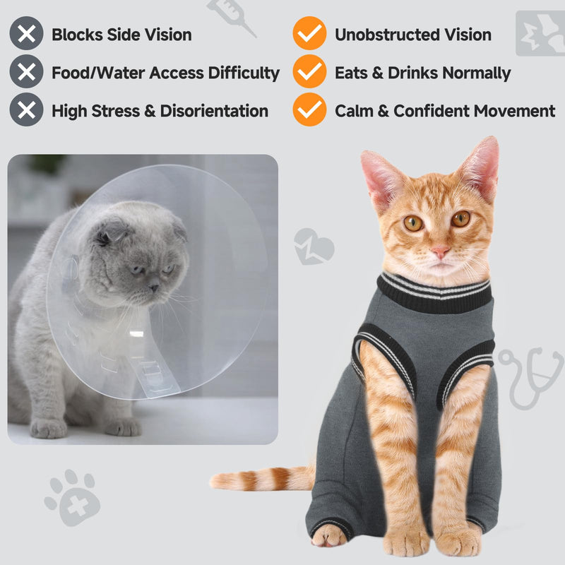 Stress-Free Cat Recovery Suit for Female Cats - Vet-Backed E-Collar Alternative, Anti-Lick & Rear Access Design Gray S Small grey