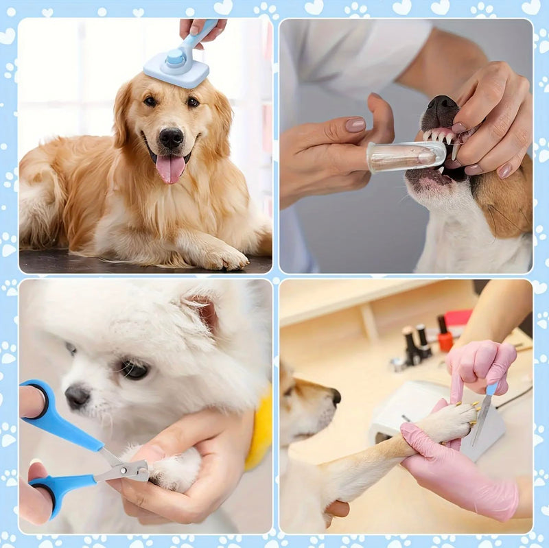 8-piece dog brush grooming set, pet self-cleaning set, with pet nail clippers and files, flea comb, pet shampoo bath brush, Pink and Blue colour variation set (Blue)