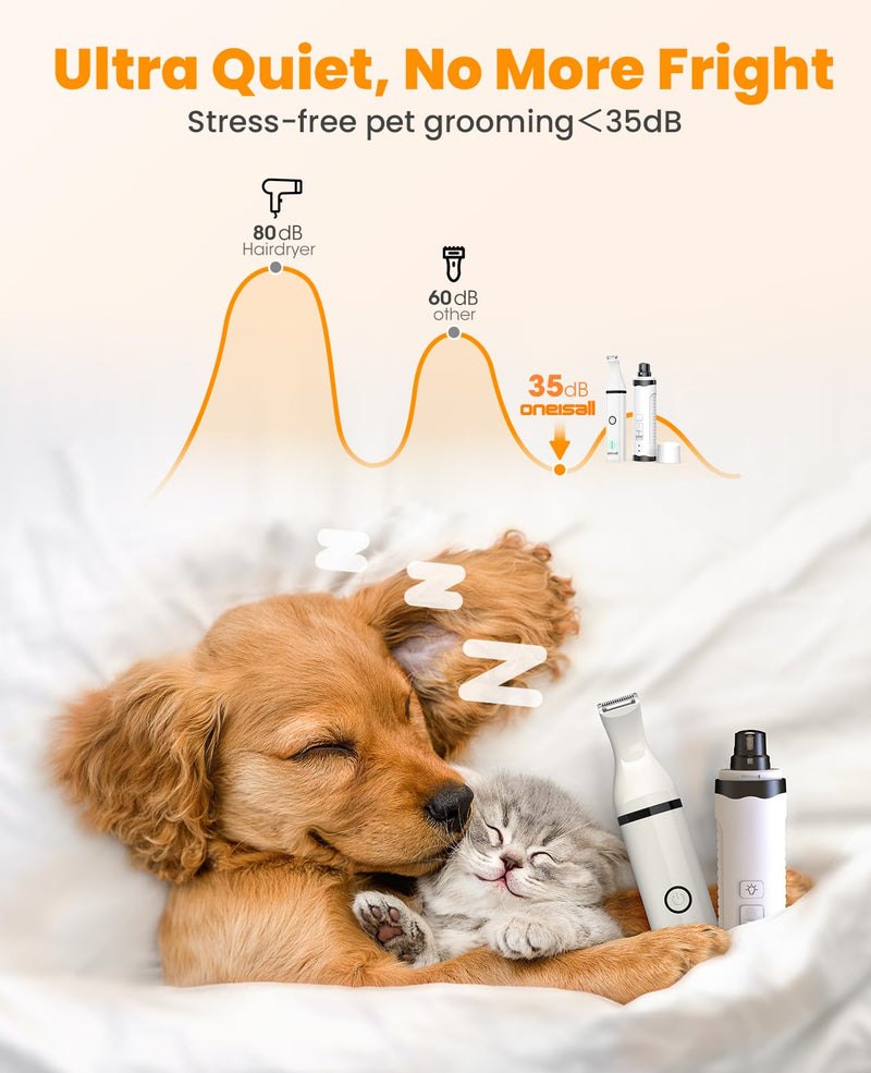 oneisall Dog Nail Grinder and Paw Trimmer Kit 3 in 1 Quiet Rechargeable Electric Pet Nail Grinder with 2 LED Lights and Cordless Dog Grooming Safe Clippers - PawsPlanet Australia