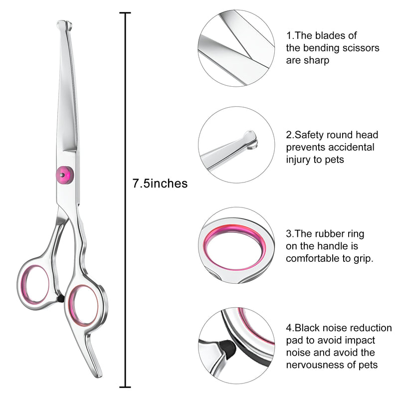 Petsvv 7.5" Curved Dog Grooming Scissors with Safety Round Tips, Light Weight Professional Pet Grooming Shears Stainless Steel for Dogs Cats Pets Curved Scissor-Pink - PawsPlanet Australia