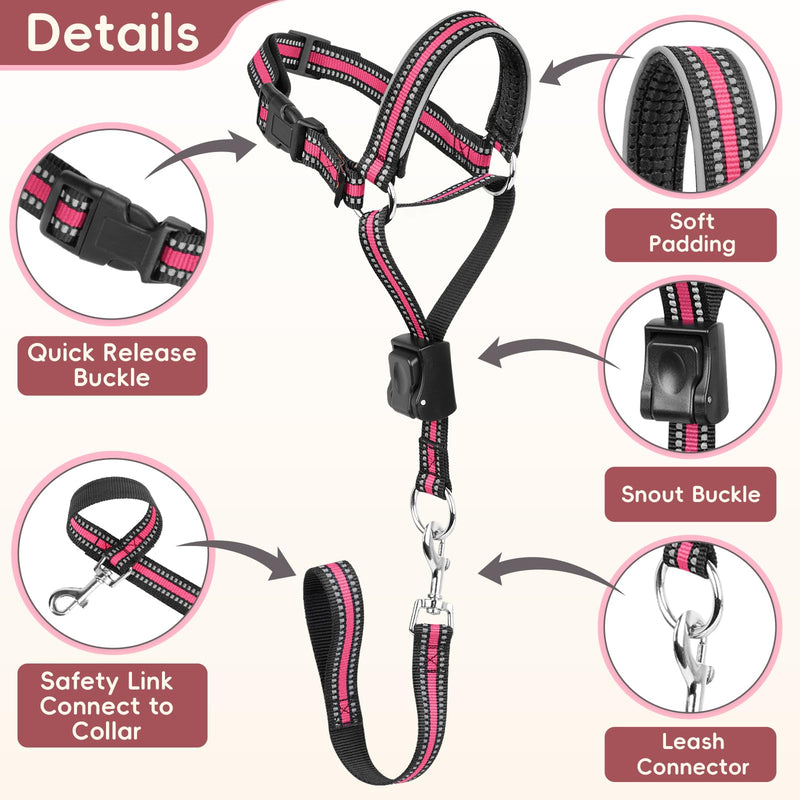BARKLESS Soft Nylon Dog Head Collar for Large Medium Dog, Reflective Padding Head Halter for Training, Adjustable Muzzle Leash No Pulling, Jumping, Nose Leash Ideal for Walking (Pink, XL) Pink XL (Snout 12-14¼") - PawsPlanet Australia