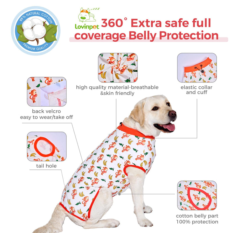 LovinPet Dog Recovery Suit, Anti-Licking Wound Protection for Large Medium Dogs, Shedding Control Full Body Coverage, Monkey Pattern, White, L