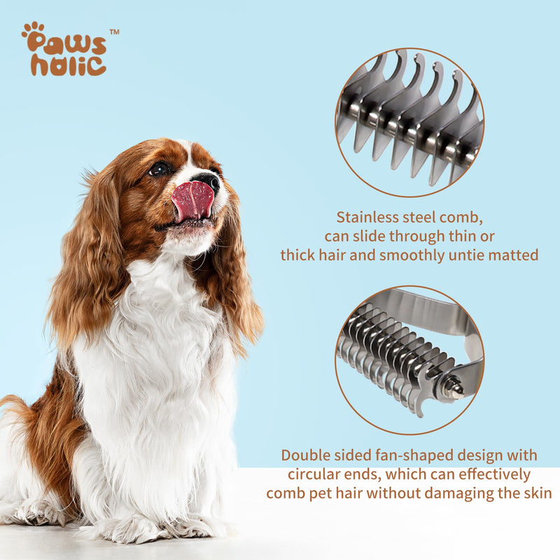 Undercoat Rake for Dogs - Professional Pet Shedding Dematting Comb with Wood Handle, Stainless Steel Blades for Pet Cats Dogs Matted Hair Tangles Removing 2 Sides Dematting Comb - PawsPlanet Australia