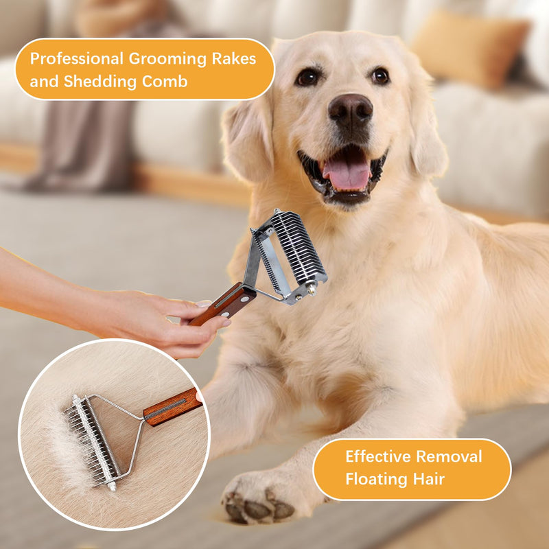 Pet Undercoat Rake for Long Haired Dogs Cats,2 in 1 Cat Safe Dematting Comb and Deshedding Brush Dog Grooming Tools with Wooden Handle Efficiently Remove Mats, Tangles, Loose Hair - PawsPlanet Australia