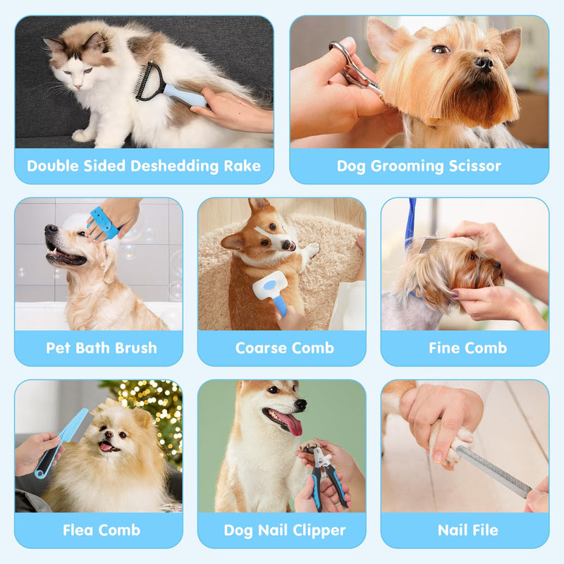 Cat Grooming Brush, 9PCS Dog Brush Kit with Pet Nail Clipper and File, Deshedding Brush for Cats, Cats Dog Shedding Brushs for Small Large Pets, Includes Flea Comb, Bath Brushs,Undercoat Rake (Blue) Blue - PawsPlanet Australia