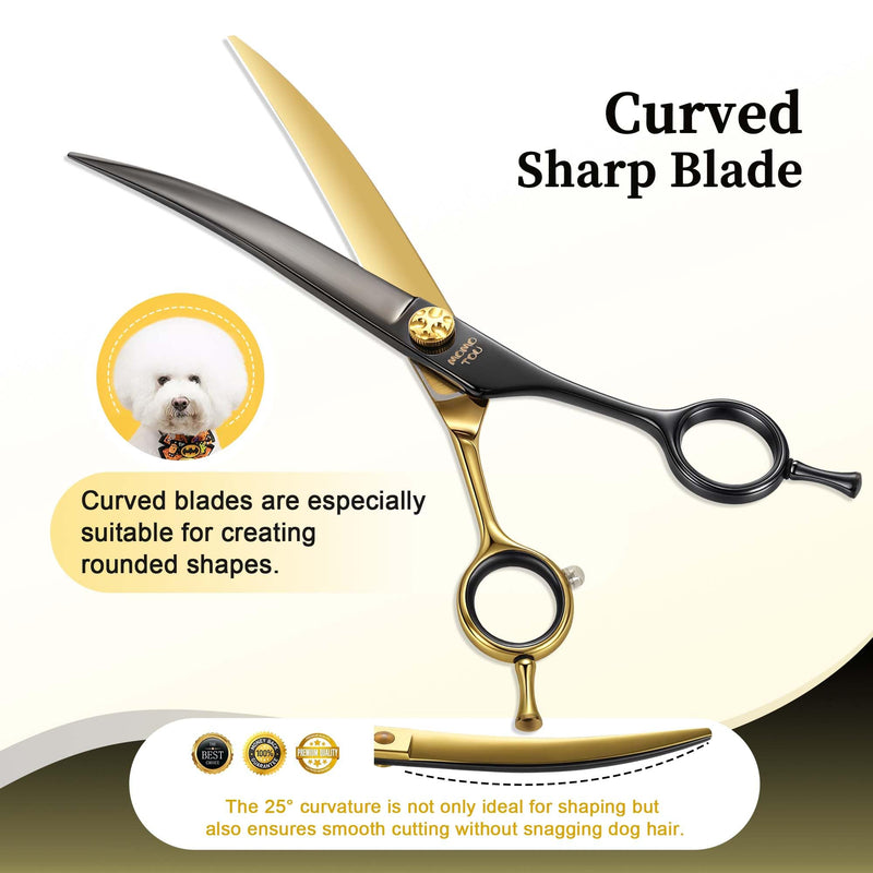 7'' Curved Dog Grooming Scissors CNC 440C Blades Sharp and Durable Dog Shears Black and Gold Pet Scissors Smooth Cutting Easy to Use for Professional Groomer Curved Scissors 7'' - PawsPlanet Australia