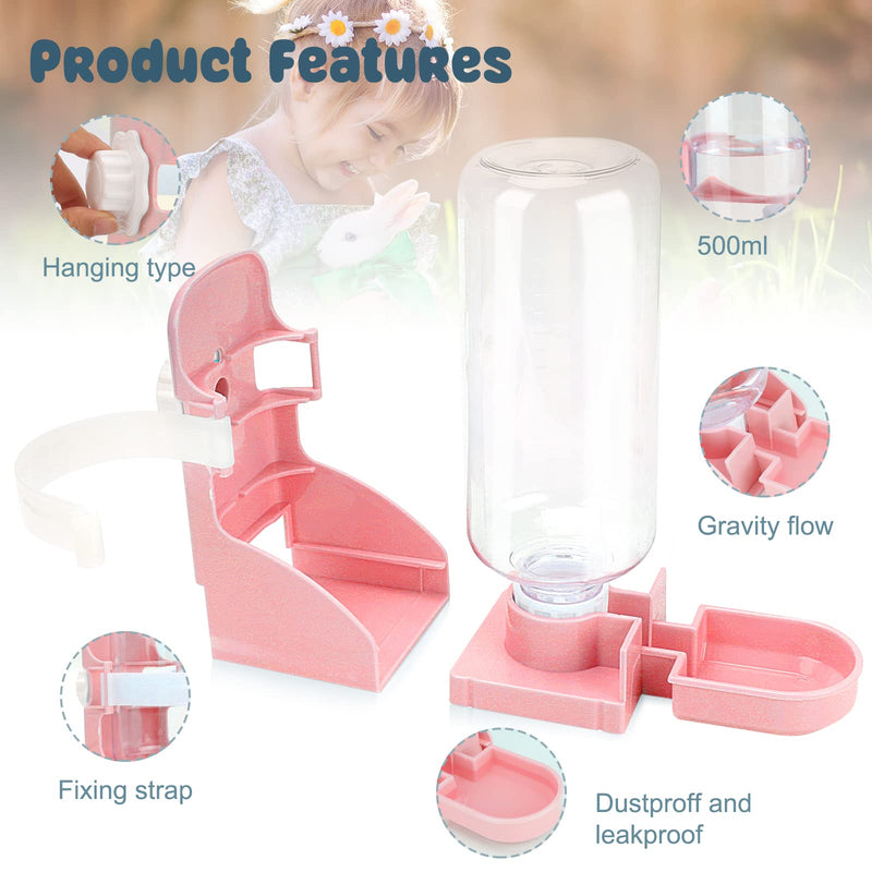 Rypet Rabbit Water Bottle No Drip - 17oz Hanging Water Fountain Automatic Dispenser Pet Cage Water Feeder for Bunny Chinchilla Guinea Pig Hedgehog Ferret Pink - PawsPlanet Australia