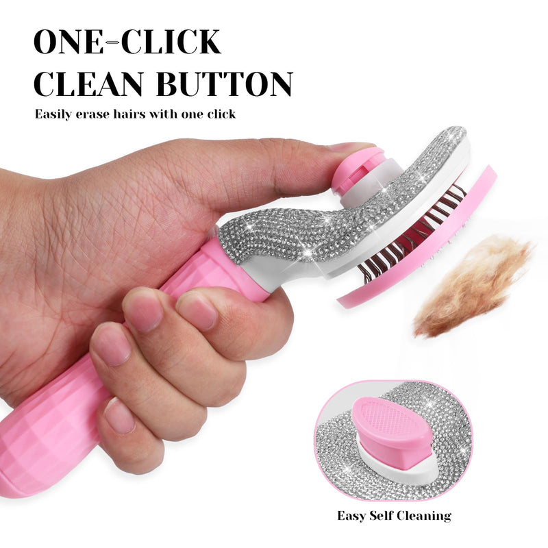 Full Diamonds Self Cleaning Slicker Brush for Dogs & Cats, Skin Friendly Grooming Cat Brush, Dog Brush for Shedding, Deshedding Brush, Rhinstone Hair Brush Puppy Brush for Haired Dogs,Pink Pink - PawsPlanet Australia