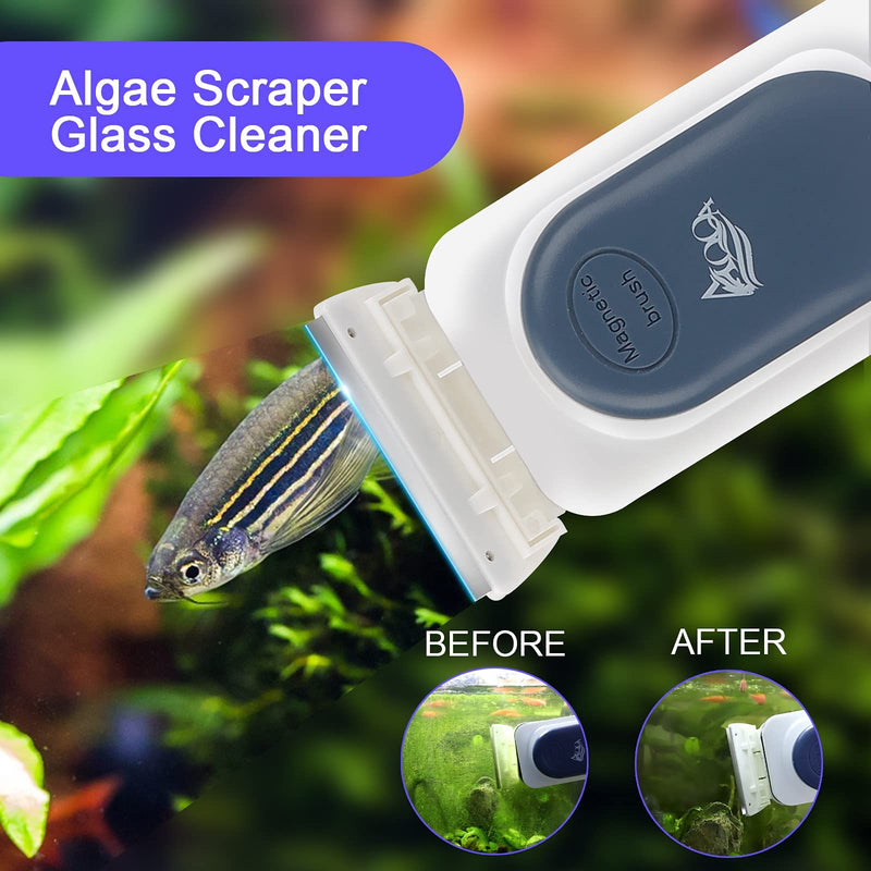 AQQA Aquarium Strong Magnetic Cleaner Brush, Fish Tank Glass Algae Magnet Cleaning Tool Floating Cleaner Scrubber Brush with 2 Detachable Scraper (Blue,M) Medium Blue