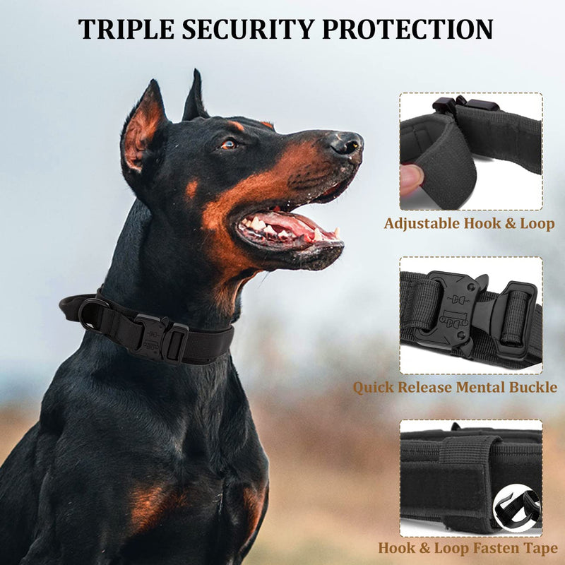 Tactical Dog Collar with Bungee Dog Leads Leash Adjustable Dog Collar with Control Handle and Heavy Metal Buckle Military Nylon Collar for Medium and Large Dogs (XL, P3-BLACK) XL - PawsPlanet Australia