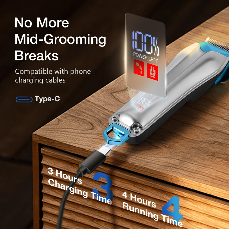 Dog Clippers for Grooming with Detachable Blade for Thick Coats, Cordless Rechargeable Low Noise Professional Pet Grooming Hair Trimmer Shaver Kit with 8 Guide Combs for Dogs Cats Animals Silver&blue - PawsPlanet Australia