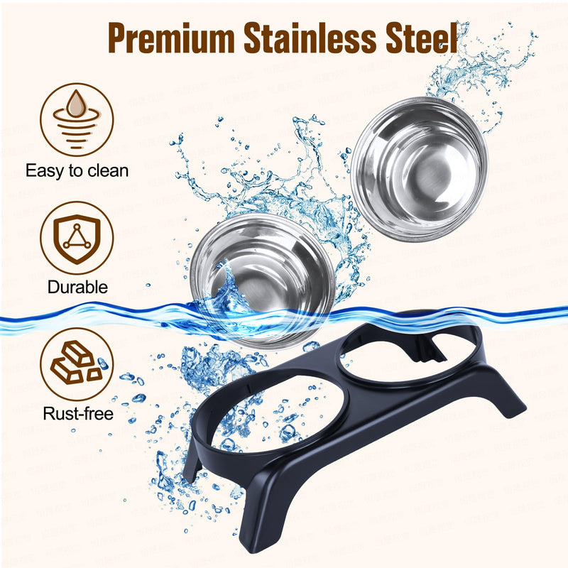 Elevated Cat Bowls, Anti Vomiting Raised Cat Food Bowl with 2 Stainless Steel Bowls, Prevent Neck Pain Cat Bowl Set, ABS Anti Slip Stand Cat Bowls for Indoor Cats & Puppies (Black) Black - PawsPlanet Australia