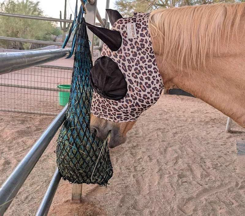 Stretchable UV-Blocking Equine Fly Mask with Moldable Ear Covers, Adjustable Comfort Mesh Straps, Leopard-Pattern Pasture & Trail Protection Perfectly Sized for Full Sized Horses - Leopard Print Large