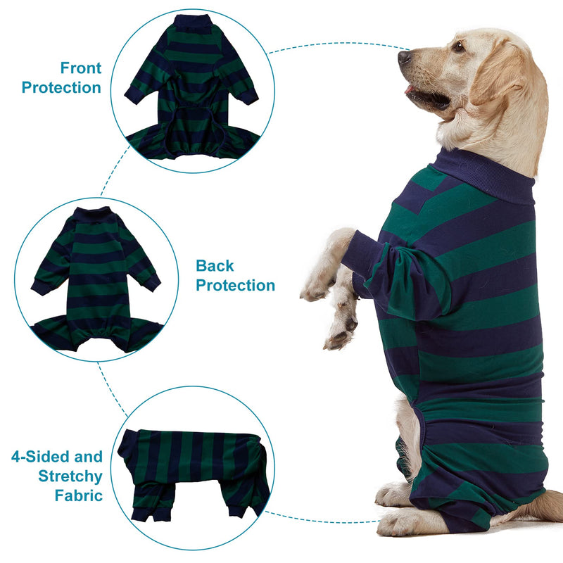 LovinPet Large Dog Pajamas Bodysuit, Lightweight Stretchy Knit Pullover Dog Onesie, Pet Pajamas for Dogs, Green and Black Stripe Print Dog Shirt, UV Protection, Stop Shedding for Dogs, Pet PJ's, 2XL XX-Large Green/Blue - PawsPlanet Australia