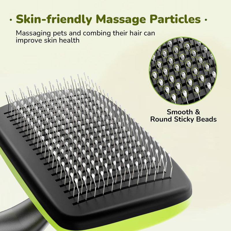 Pecute Cat and Dog Brush for Grooming - Self Cleaning Slicker With Rounded Pins for Short Haired Cats and Small Dogs - Safe and Smooth L Green