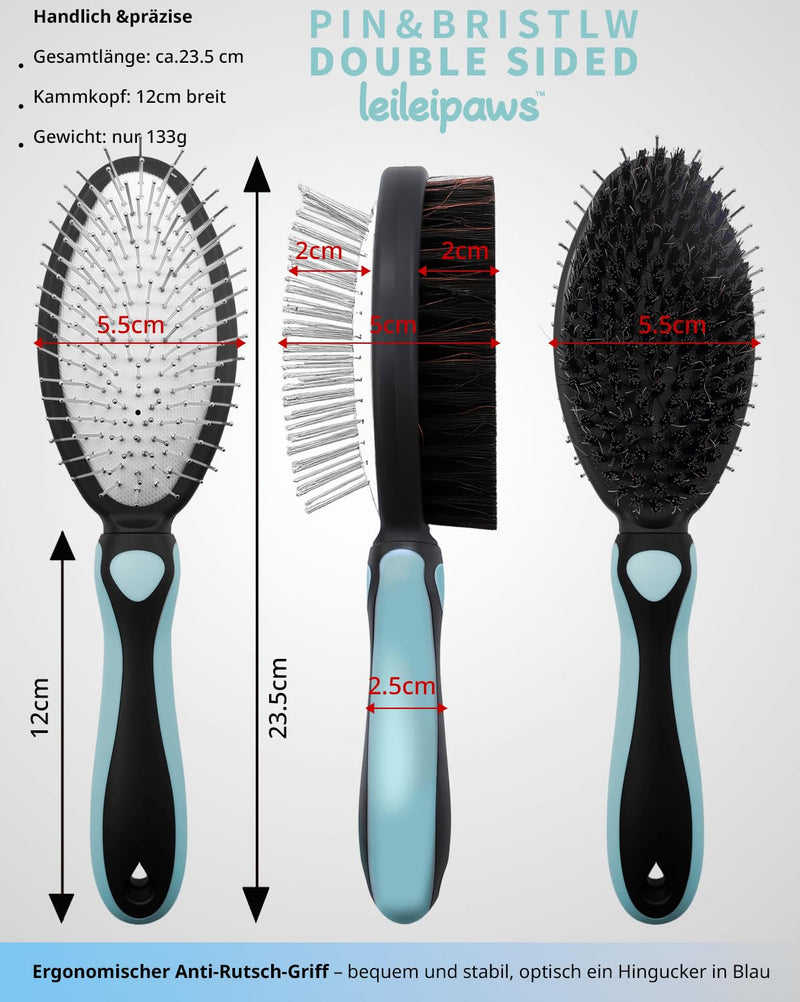 2-in-1 Dog Brush & Cat Brush - Detangling Comb for Long Hair & Short Hair, Metal Pins & Natural Bristles, Ergonomic TPR Handle, Gentle and Effective Grooming (Blue/Black)