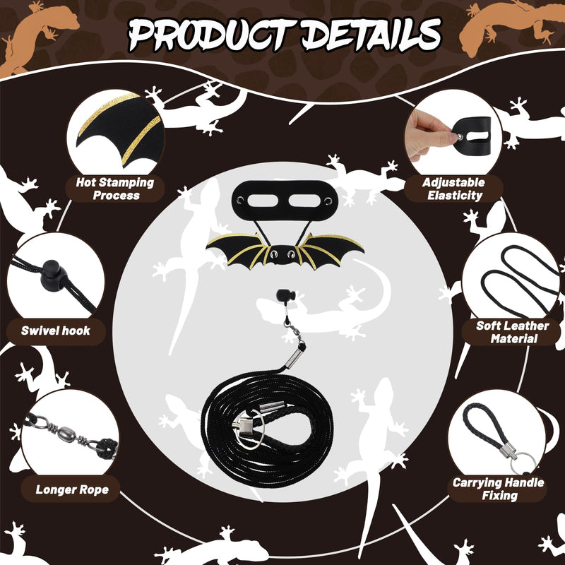 Bearded Dragon Leash and Harness Set, Adjustable Bearded Dragon Harness with 3 Size(S, M, L), Soft Lizard Reptile Leash with Gold Black Wing for BeardedDragon Lizard Reptiles - PawsPlanet Australia