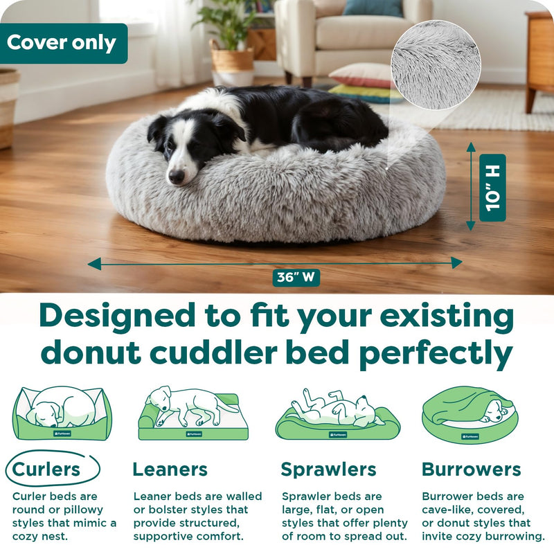 FurHaven Replacement Dog Bed Cover, Long Faux Fur for Calming Cuddlers, Machine Washable, Customizable Filling, Large, Faux Fur, Misty Gray Donut Bed Cover Long Faux Fur (Mist Gray) - PawsPlanet Australia