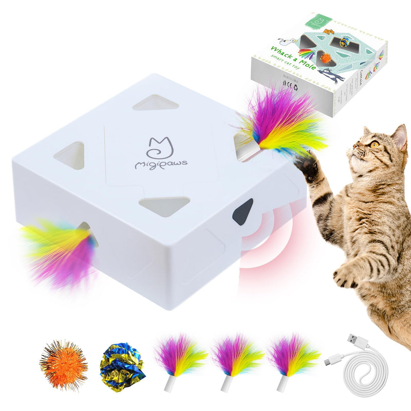 Migipaws Cat Toys, Interactive Automatic 7 Holes Mice Whack-A-Mole, Ultra Fun Smart Teaser Toy for Indoor Cats, USB Rechargeable, 4 Pieces Feather Refills… Whack-a-Mole Cat Toy