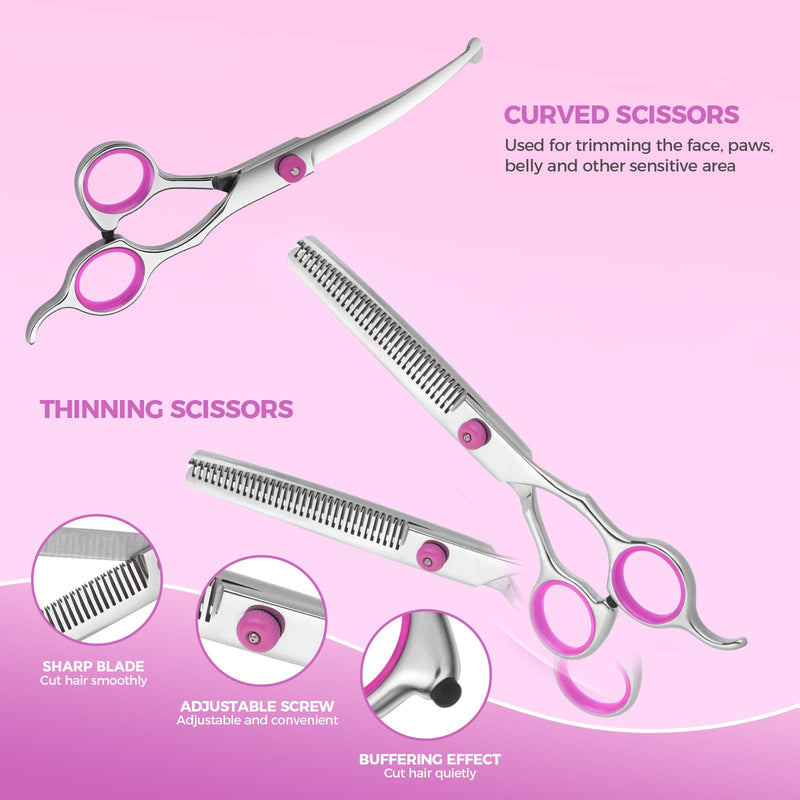 Maxshop Dog Grooming Scissors with Safety Round Tips, Heavy Duty Titanium Pet Grooming Trimmer Kit, Professional Thinning Shears, Curved Scissors with Comb for Dogs and Cats (Pink Set of 3) Pink Set of 3 - PawsPlanet Australia