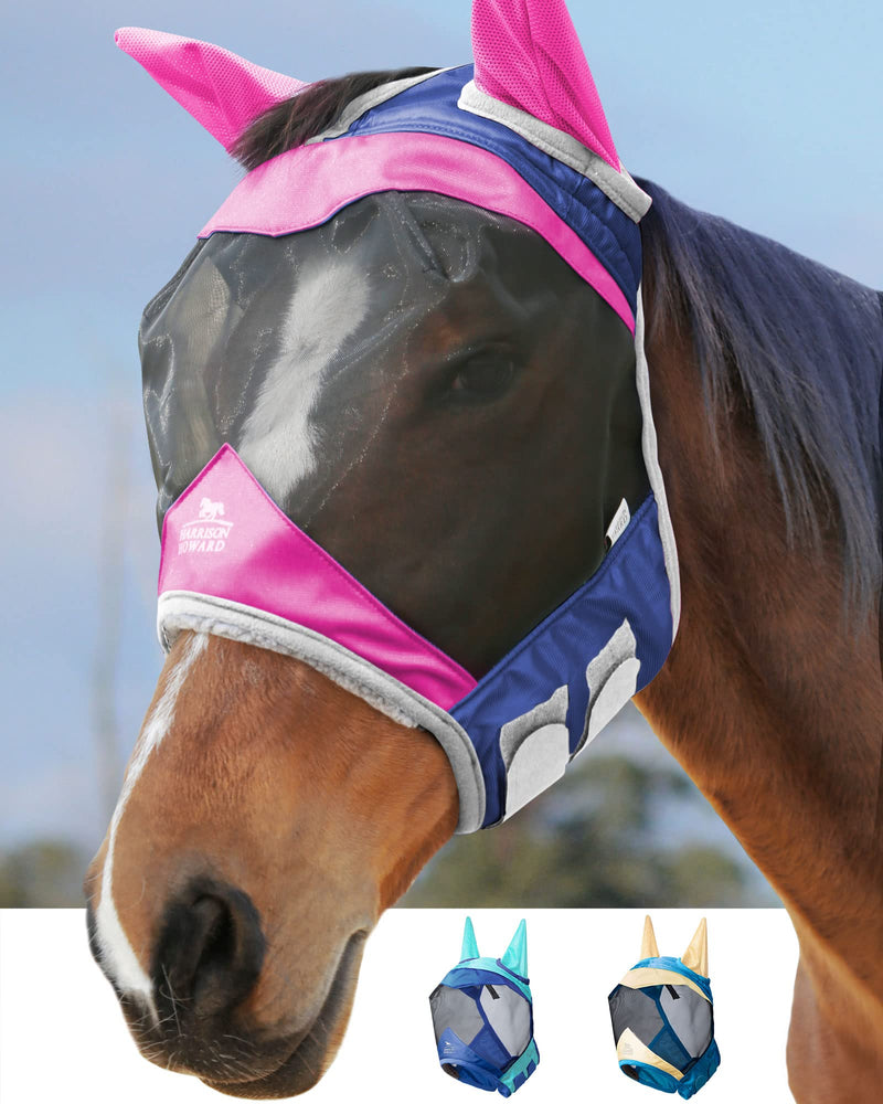 Harrison Howard Luxe Dual-Tone Horse Fly Mask Half Face with Ears Fully Visible UV-Blocking Fine Mesh Soft Fleece Edging for Extra Comfort Fuchsia/Navy L Full Size Full (Large)