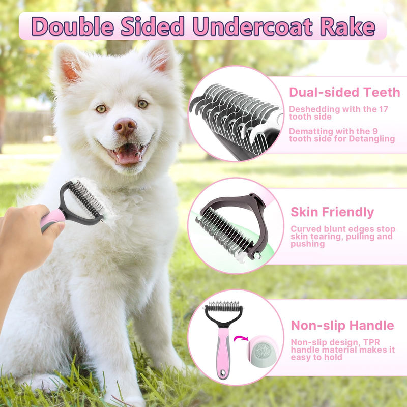 Dog Brush Grooming Kit 6PCS Dog Brush for Shedding-Dogs Brushes for Grooming, Dematting Comb for Dogs, Nail Clipper with Nail File, Flea Comb, Cat Bath Brush-Pink Pink - PawsPlanet Australia