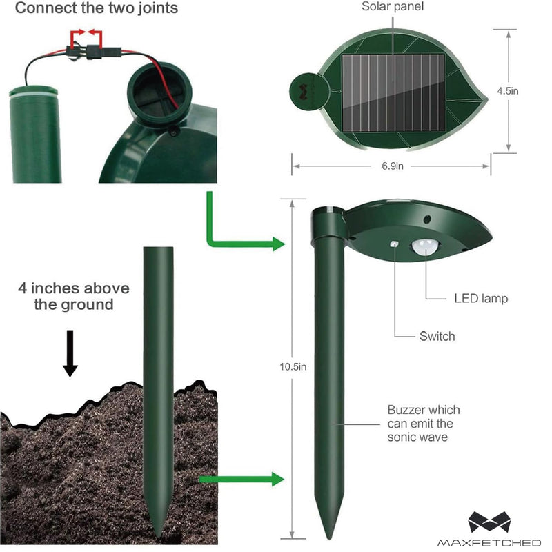 Solar Snake Repellent Ultrasonic Outdoor with LED Light, Sonic Mole Repeller Solar-Powered, Snake Mole Vole Gopher Away for Lawn Yard 2PK 2