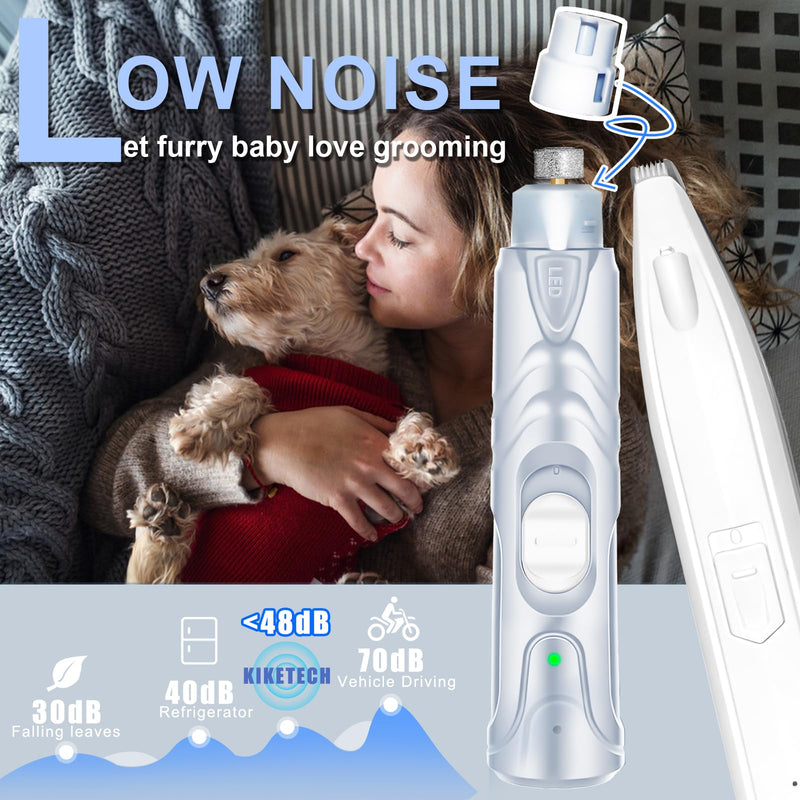 KIKETECH Dog Grooming Clippers Professional - Quiet Cordless Dog Paw Trimmer, LED Light Pet Nail Grinder, Rechargeable Cat Clippers for Grooming, 3 in 1 White - PawsPlanet Australia