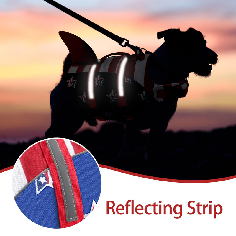 Dog Life Jacket, American Flag Ripstop Shark Dog Life Vest for Swimming & Boating, High Buoyancy Reflective Pet Vest with Rescue Handle, for X-Small/Medium/Large/X-Large Dogs (USA Flag, XS) - PawsPlanet Australia