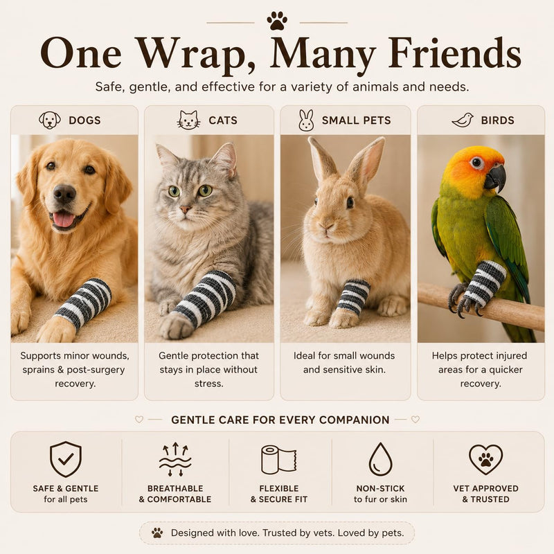 Premium Pet Vet Wrap — Non-Stick to Fur Self Adherent Bandage Wrap for Dogs, Cats & Horses, Breathable Cohesive Tape for Wounds, Paws & Legs, Animal Print Design - Pack of 2 Zebra Print