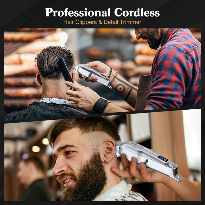 Ufree Hair Clippers for Men Professional, Barber Clippers and Trimmers Set, Cordless Hair Clippers for Hair Cutting Kit with LED Display, Electric Hair Trimmer, Gifts for Men, Silver - PawsPlanet Australia