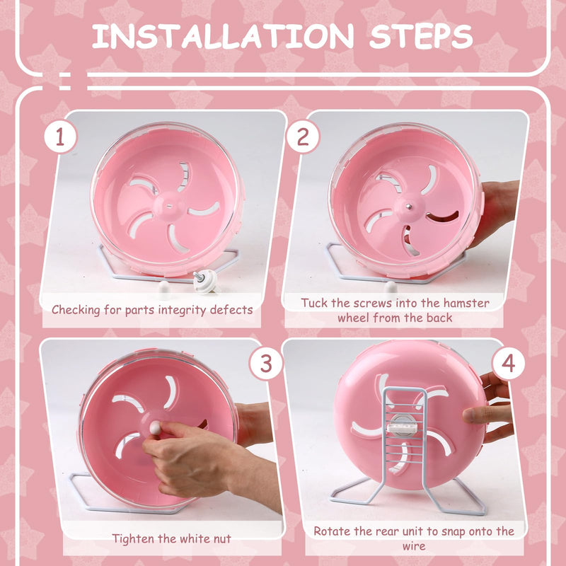 Pink 8.4" Silent Hamster Wheel with Height-Adjustable Stand, Quiet Spinning Hamster Exercise Wheels, Small Animal Chinchilla Running Toys Cage Accessories for Gerbils Mice Rats (Pink) Pink - PawsPlanet Australia