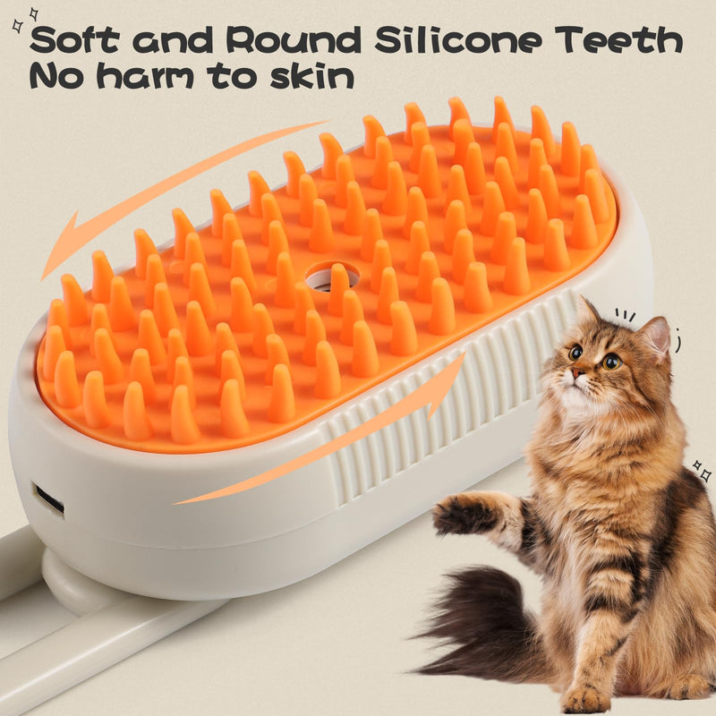 Cat Steam Brush, 3 in 1 Self Cleaning Steamy, Spray Silicone Massage Comb, Hair Removal Tool with Handle Multifunctional Grooming Brush for Dogs Orange - PawsPlanet Australia