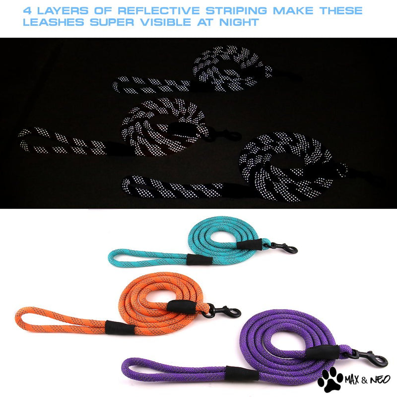 Max and Neo Rope Leash Reflective 6 Foot - We Donate a Leash to a Dog Rescue for Every Leash Sold 6 FT x 1/2" BLACK - PawsPlanet Australia