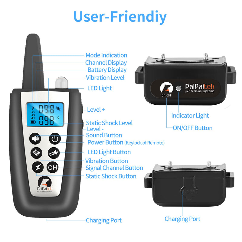 PaiPaitek Bark Collar with Remote, Automatic Bark and Training Collar Combo with Beep, Vibration, Shock, Auto Bark Mode, Up to 3300ft Range Dog Shock Collar for Small, Large and Medium Dogs Black - PawsPlanet Australia