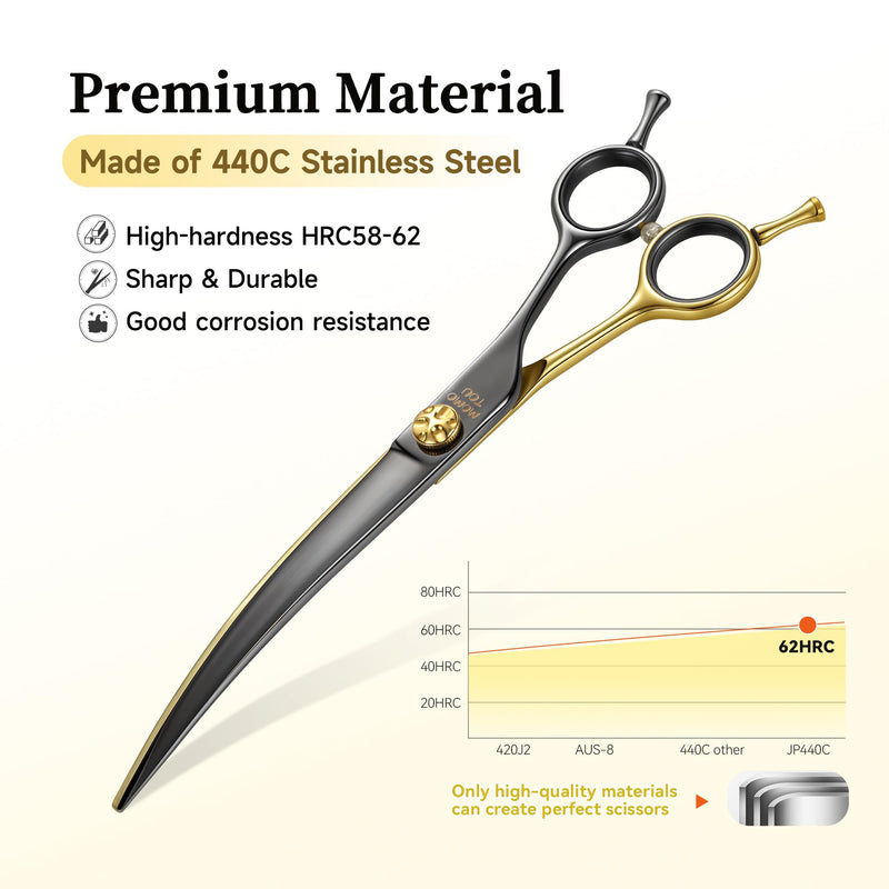 7'' Curved Dog Grooming Scissors CNC 440C Blades Sharp and Durable Dog Shears Black and Gold Pet Scissors Smooth Cutting Easy to Use for Professional Groomer Curved Scissors 7'' - PawsPlanet Australia