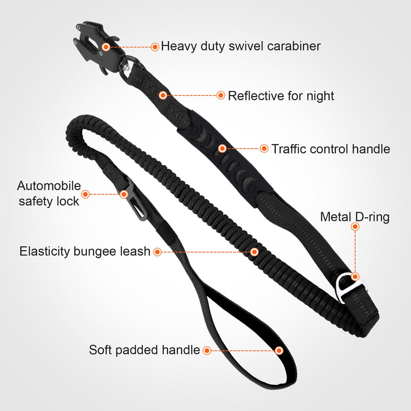 Heavy Duty Dog Leash, 4-6 Ft Shock Absorbing with Heavy-Duty Seatbelt Buckle & Dual Handles - No Bungee, for Medium to Large Dogs (Black) BLACK - PawsPlanet Australia