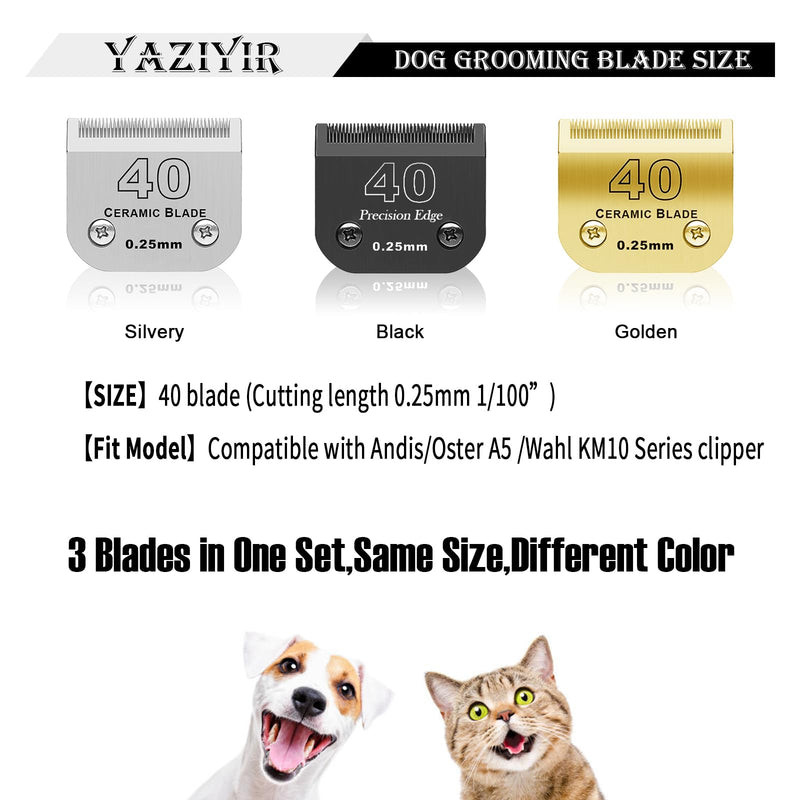 3 Color 40# Detachable Pet Dog Grooming Ceramic Blades,Compatible with Andis,Oster A5,Wahl KM-10 Series,Size #40 Blade 1/100-Inch 0.25MM Cut Length（Silver+Black+Golden） 40# 0.5mm - PawsPlanet Australia