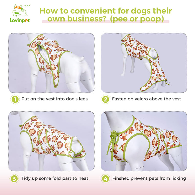 LovinPet Dog Recovery Suit - Medium Large - After Surgery Big Dog Recovery Suit Anti Licking Abdominal Wound Surgical Clothes Post-Operative Vest E-Collar Alternative,Monkey,Green,L Green collar/White - PawsPlanet Australia