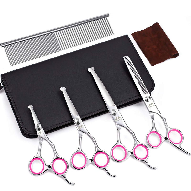 Dog Grooming Kit with Round Tip, 6 in 1 Cat Dog Grooming Scissors, Stainless Steel Pet Grooming Shears for Full Body, Face, Nose, Ear and Paw (pink) Pink - PawsPlanet Australia