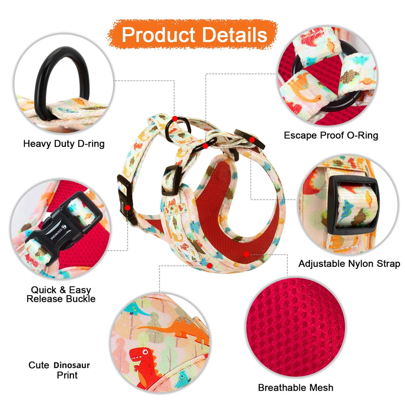 Dog Harness and Leash, Poop Bag Holder 3 Sets, Easy Walk No Pull Adjustable Puppy Cat Vest Harness with Soft Mesh Padded, Pet Supplies for Extra-Small/Small Medium Dogs Kitten S (Neck 10.6"-13"; Chest 14"-19.6") Dinosaur