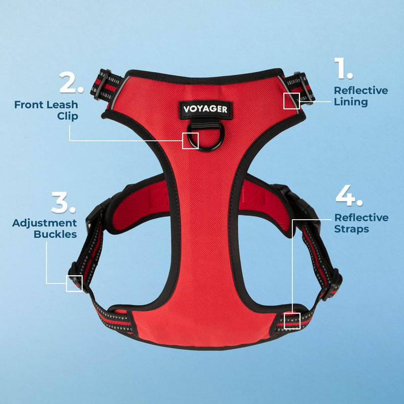 Voyager Dog Harness Dual Leash Attachment No-Pull Control Adjustable Soft but Strong Pet Harness for Medium and Large Dogs with 3M Reflective Technology, Leash Set Red Nylon, L (Chest: 25-30") L (Chest: 25 - 30") - PawsPlanet Australia
