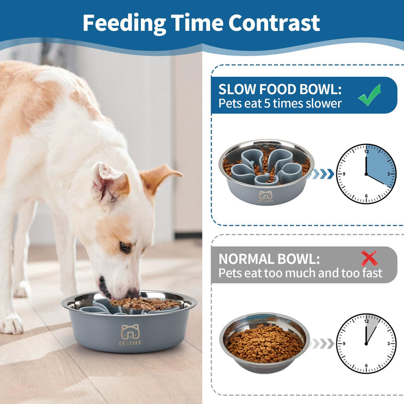 Stainless Steel Slow Feeder Dog Bowl, Bestalk 2-in-1 Metal Dog Bowls with Silicone Slow Feeder Insert for Small, Medium, Large Dogs(Grey, 1 Cup) - PawsPlanet Australia