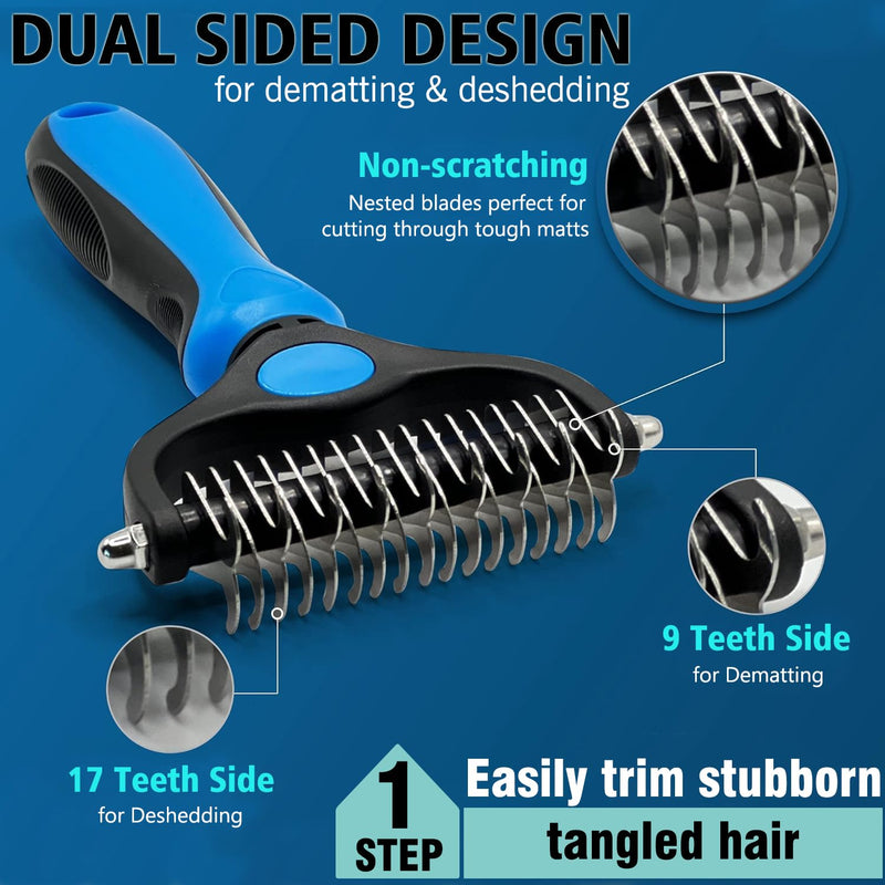 3PCS Dog Grooming Brush - Dog Brush for Shedding Massaging Bathing - Double Sided Shedding, Dematting Undercoat Rake - Self Cleaning Slicker Brush for Dogs and Cats with Long or Short Coats Blue-3Pcs - PawsPlanet Australia