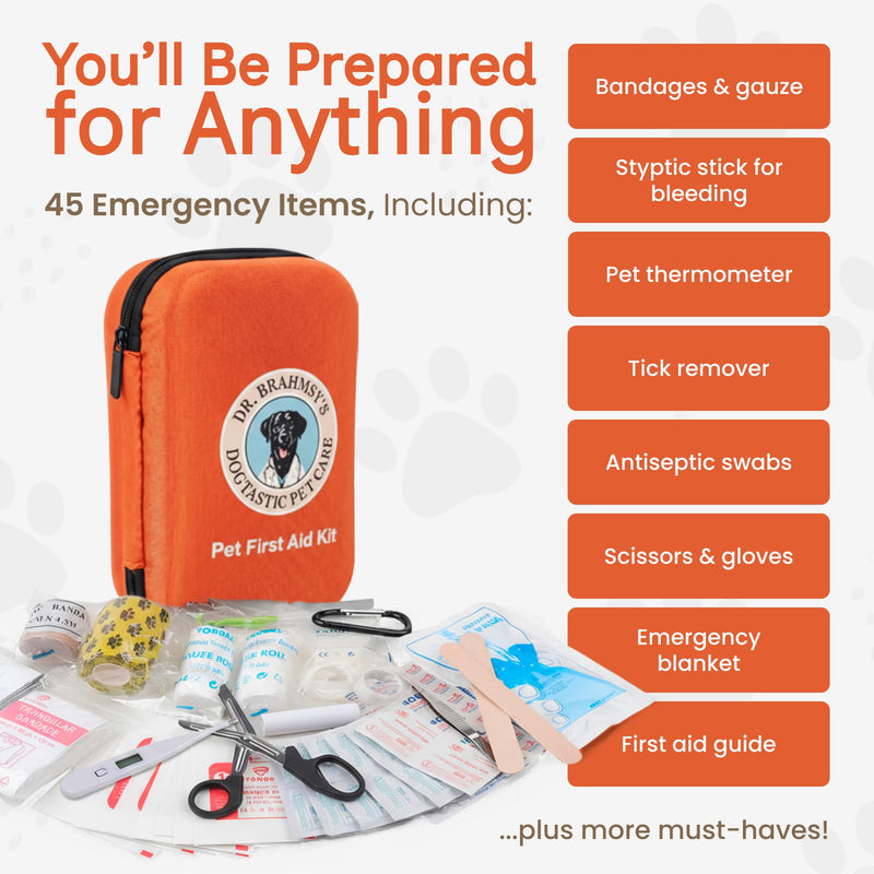 Dr Brahmsy’s Pet First Aid Kit for Dogs and Cats - Vet-Approved Essential Survival and Emergency Supplies for Home, Travel, Camping, Hiking - Packed in a Portable Waterproof Pouch - 45-Piece Set