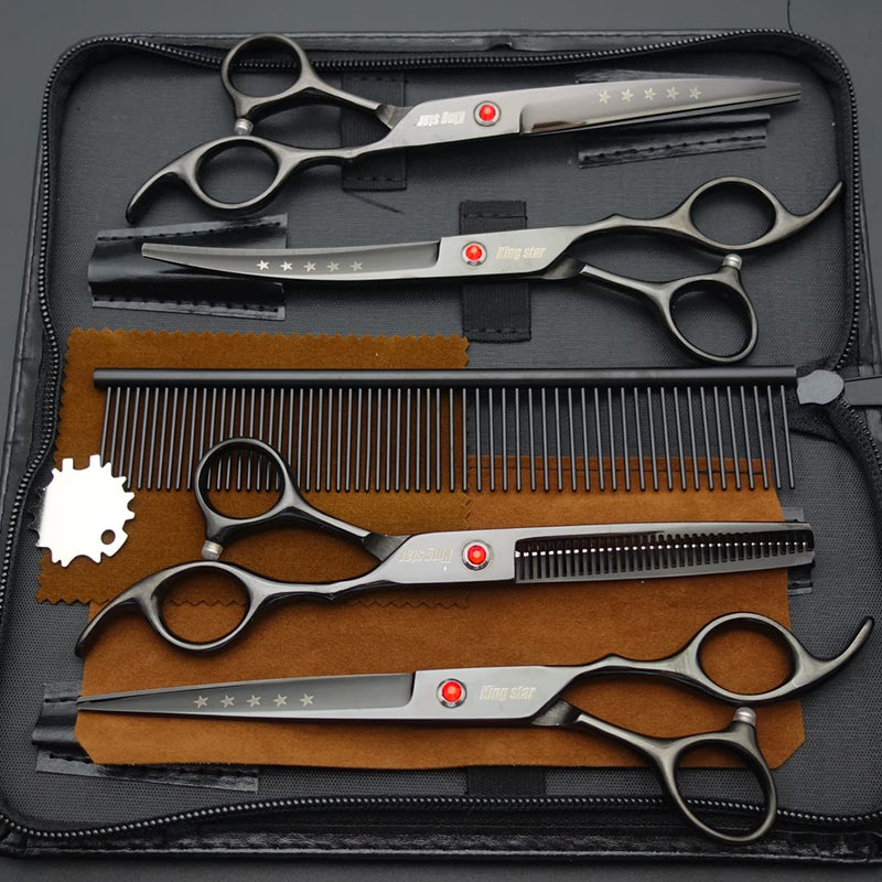 7.0in Titanium Professional dog Grooming Scissors set,Straight & Thinning & Curved scissors 4pcs set for Dog grooming Bright Black With Comb - PawsPlanet Australia