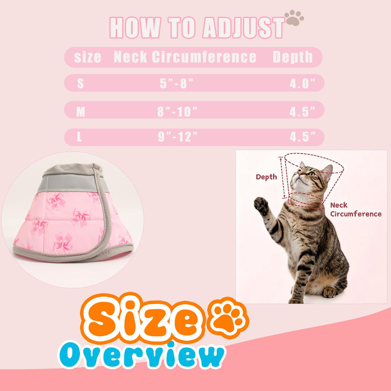 Soft Cat Cone Collar Adjustable Elizabethan Recovery Collar for Cats Kittens After Surgery Foldable Cat Donut Cone to Stop Licking (Pink,S) Small / Bow pattern